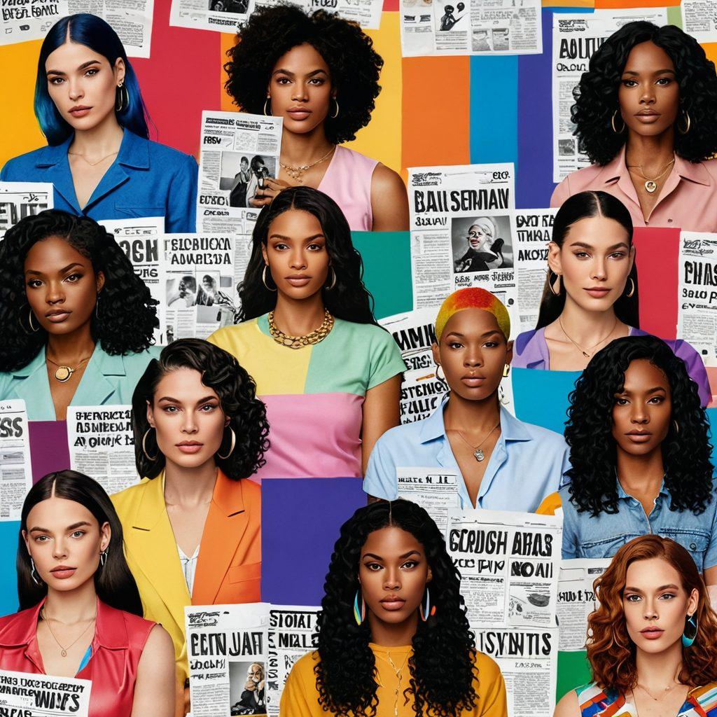 A vibrant, expressive collage featuring diverse transgender individuals actively engaging in discussions around current events, fashion trends, and wellness topics. Incorporate elements like colorful fashion styles, newspaper clippings, and wellness symbols, representing the dynamic intersection of these themes. The background should have an abstract blend of rainbow colors to symbolize queer culture and inclusivity. The overall mood should be uplifting and empowering. digital art. vibrant colors. contemporary style.