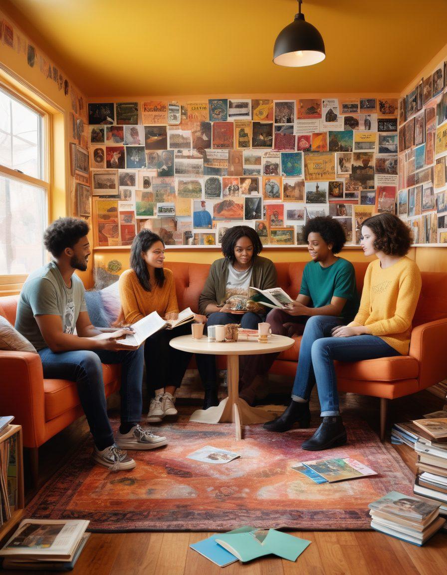 A diverse group of individuals sharing their stories in a cozy community setting, surrounded by pop culture memorabilia such as books, music records, and movie posters. The background showcases a vibrant mural representing social issues like equality and environmentalism, with speech bubbles illustrating their narratives. Warm, inviting colors to convey a sense of unity and resilience. super-realistic. vibrant colors. community-focused.